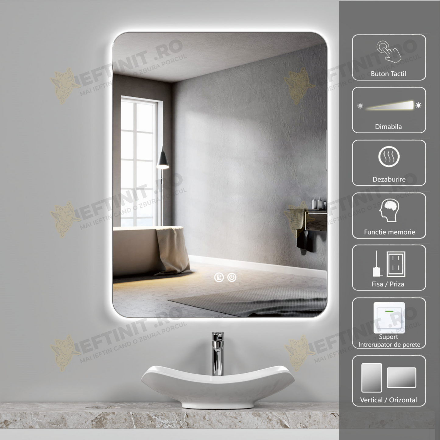 Oglinda Baie Odin LED 60×90 cm, Dezaburire, Touch, 3 Tipuri de Lumina, Dimabila OD057-101
