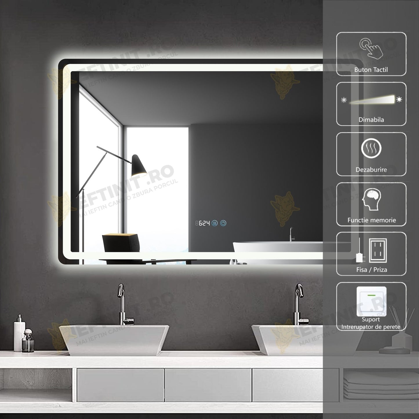 Oglinda Baie Odin cu LED si Dezaburire, Dreptunghiulară, 120×80 cm, Touch, Lumina Rece, Calda, Neutra, Dimabilă OD058-100