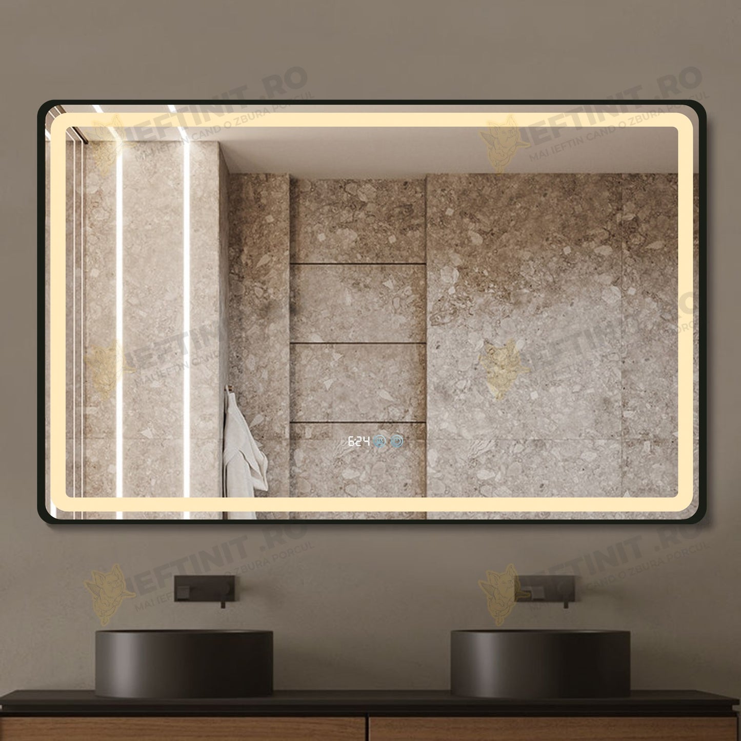 Oglinda LED Odin 110x70cm Rama Neagra, Dezaburire, Ceas, Temperatura, Touch si 3 Lumini OD058-101-N