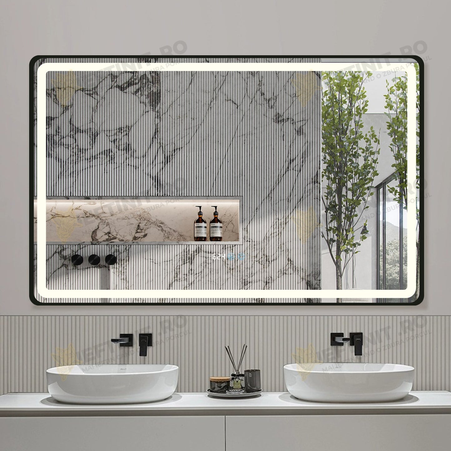 Oglinda LED Odin 110x70cm Rama Neagra, Dezaburire, Ceas, Temperatura, Touch si 3 Lumini OD058-101-N