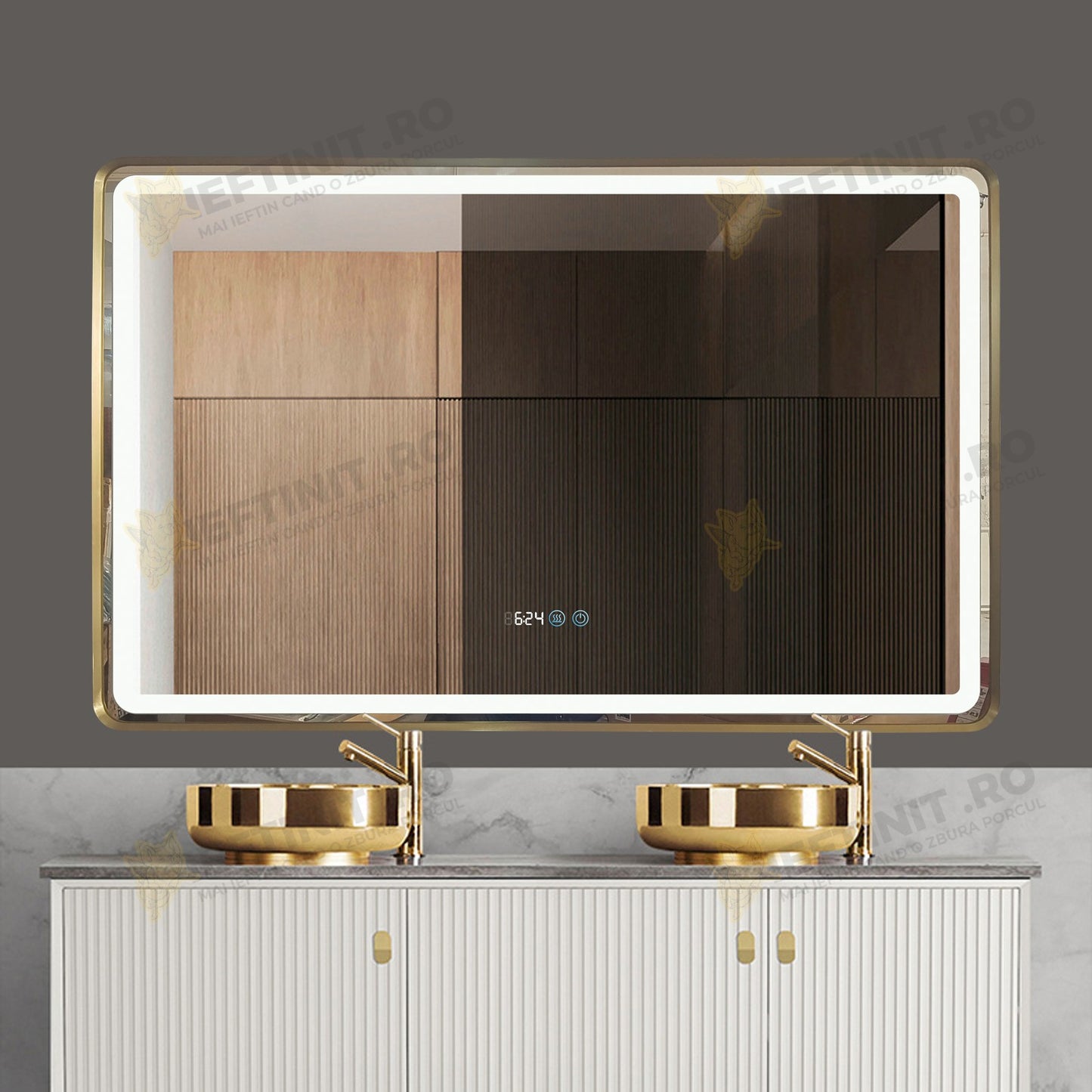 Oglinda LED Odin 110x70cm Rama Aurie, Dezaburire, Ceas, Temperatura, Touch si 3 Lumini OD058-101-G