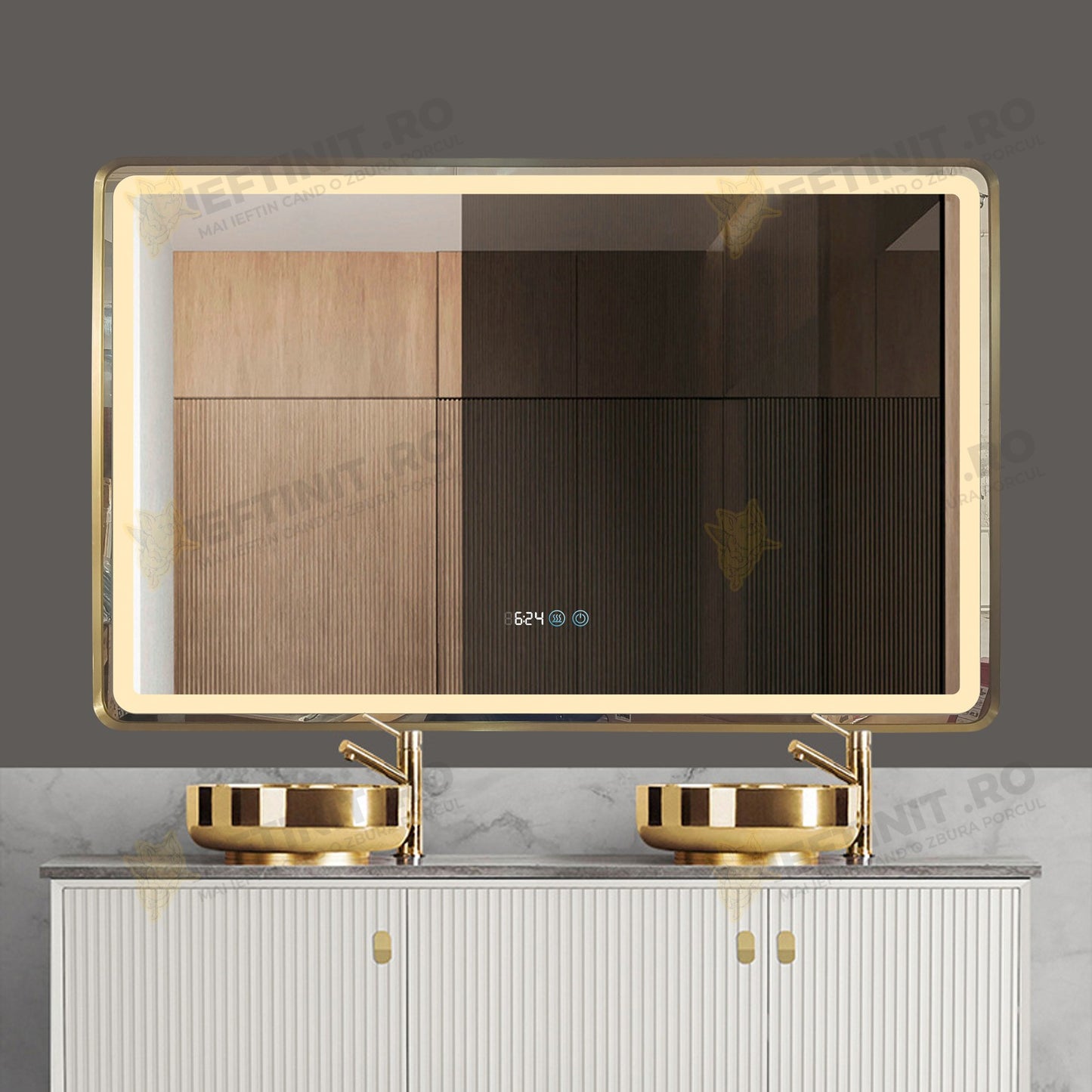 Oglinda LED Odin 110x70cm Rama Aurie, Dezaburire, Ceas, Temperatura, Touch si 3 Lumini OD058-101-G