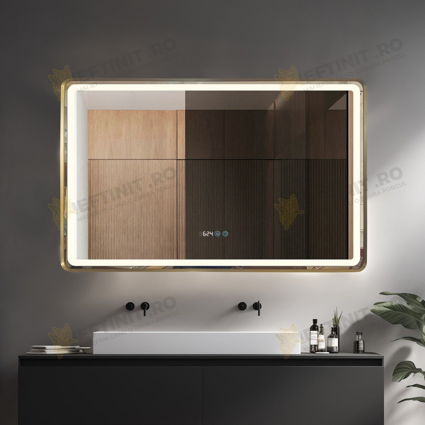 Oglinda LED Odin 110x70cm Rama Aurie, Dezaburire, Ceas, Temperatura, Touch si 3 Lumini OD058-101-G