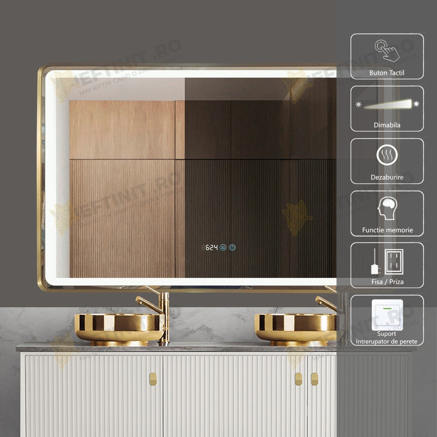 Oglinda LED Odin 110x70cm Rama Aurie, Dezaburire, Ceas, Temperatura, Touch si 3 Lumini OD058-101-G