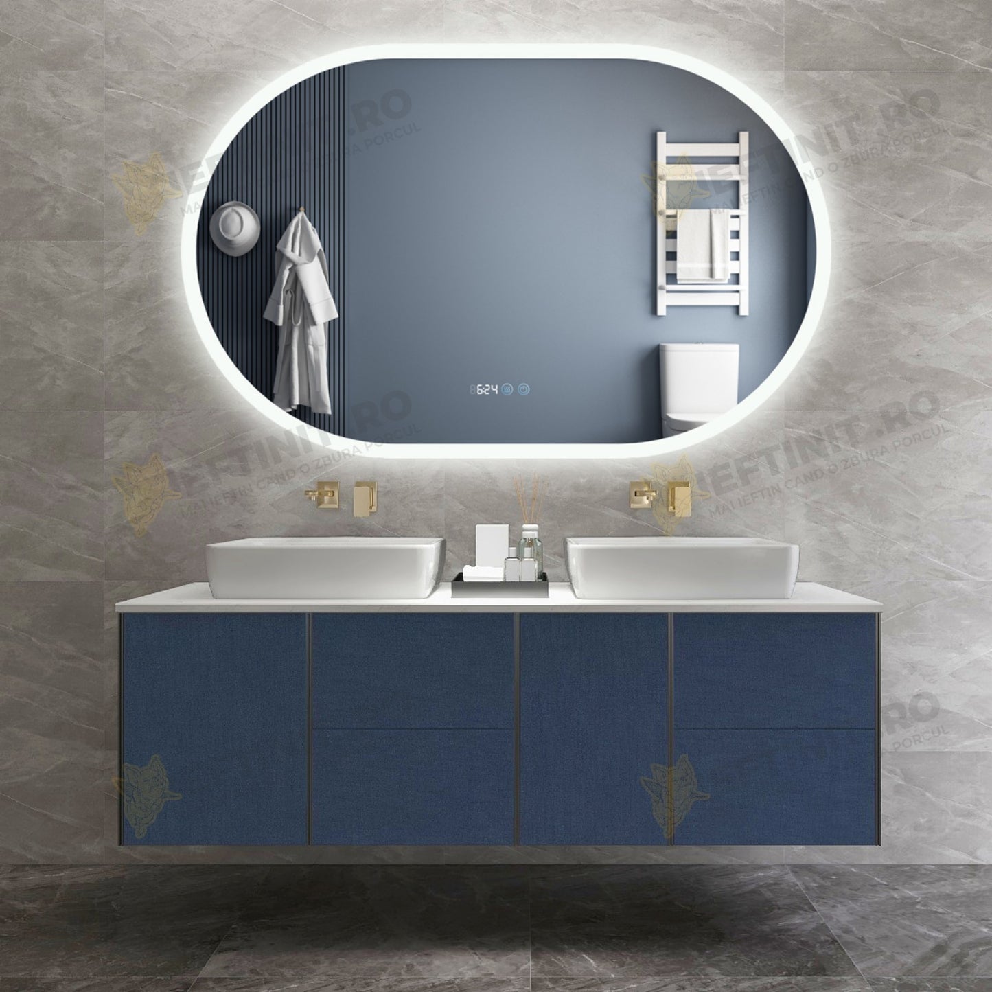 Oglinda Baie Odin LED 110×70 cm, Rama Aurie, Dezaburire, Touch, Ceas si Temperatura, 3 Tipuri de Lumina, Dimabila OD058-105
