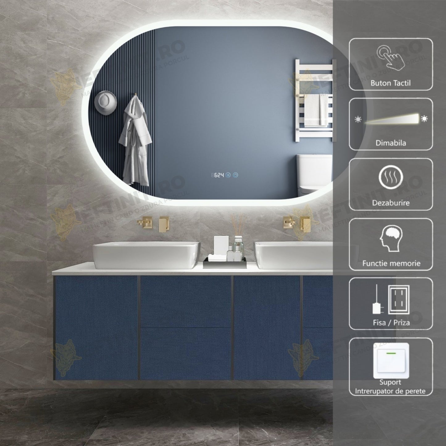 Oglinda Baie Odin LED 110×70 cm, Rama Aurie, Dezaburire, Touch, Ceas si Temperatura, 3 Tipuri de Lumina, Dimabila OD058-105