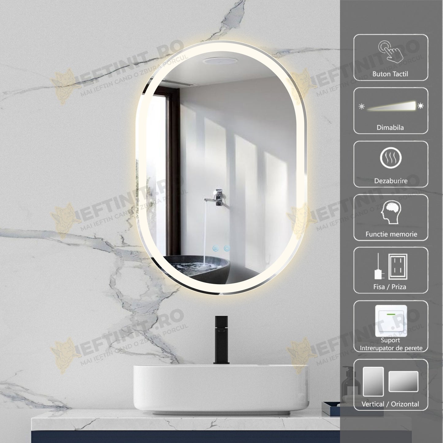 Oglinda LED Odin si Touch, 90×60 cm, Functie Dezaburire, 3 Tipuri de Lumina, Dimabilă OD061-100