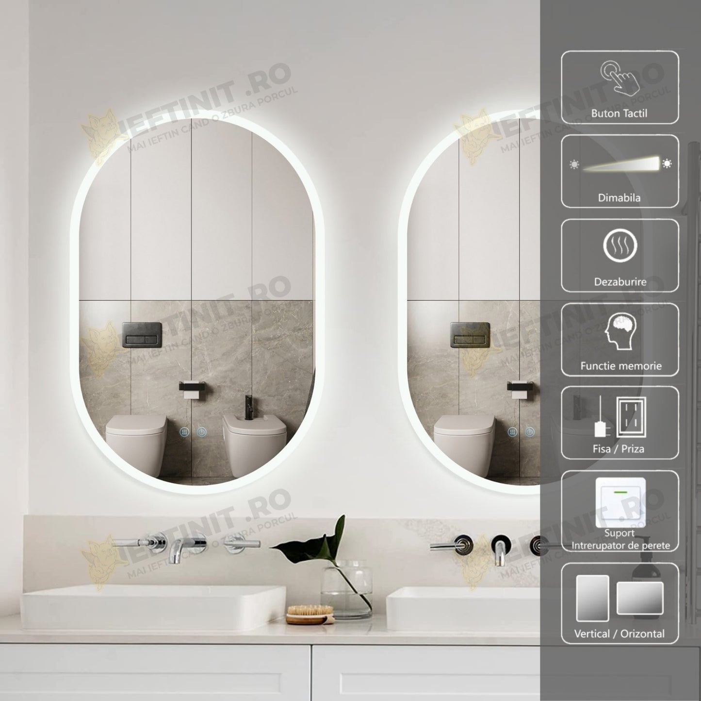 Oglinda Baie Odin LED 90×60 cm, Dezaburire, Touch, 3 Tipuri de Lumina, Dimabila OD061-101