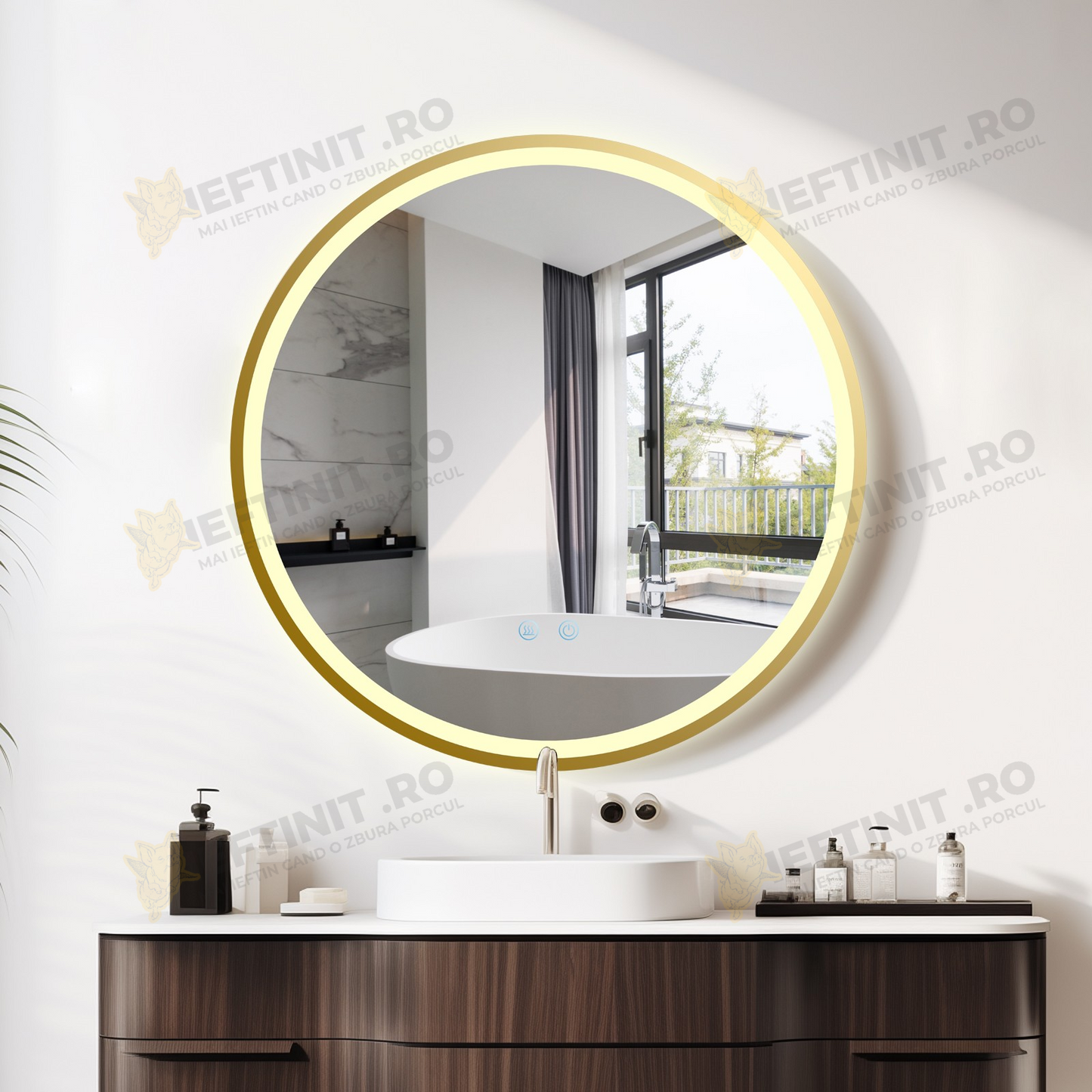 Oglinda LED Odin 60×60 cm Rotunda, Rama Auriu Mat, Buton Touch 3 Tipuri de Lumina, Dimabila OD22021-5