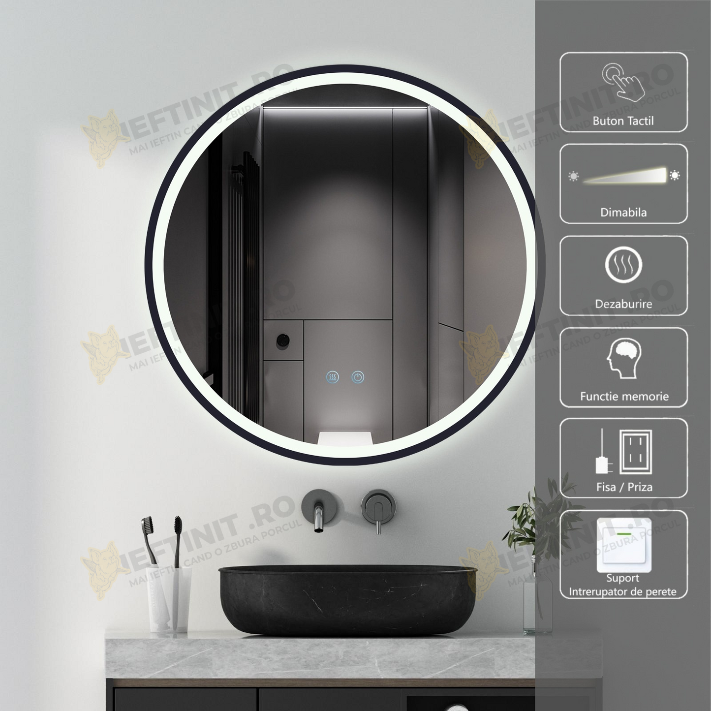 Oglinda LED Odin 60×60 cm Rotunda, Rama Negru Mat, Buton Touch 3 Tipuri de Lumina, Dimabila OD22021-6