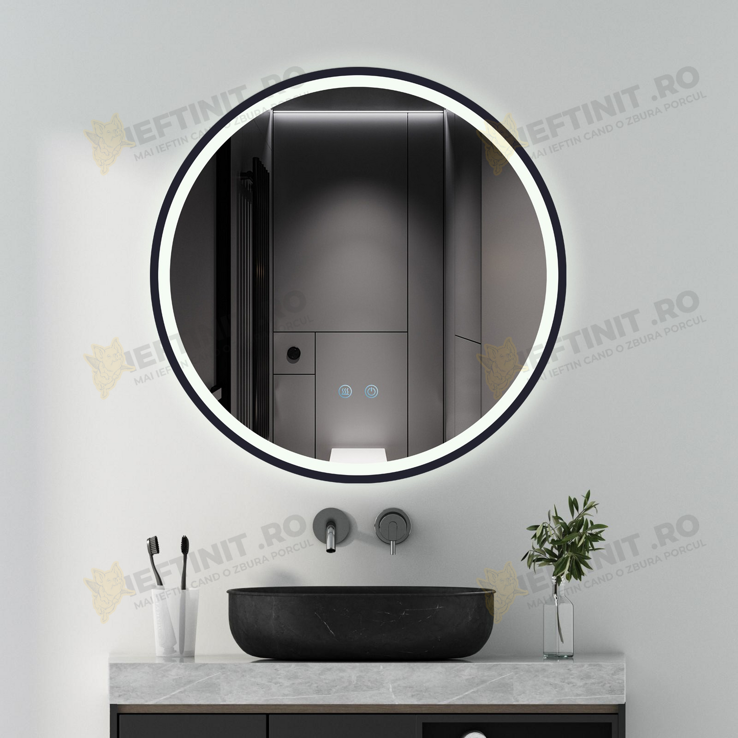 Oglinda LED Odin 60×60 cm Rotunda, Rama Negru Mat, Buton Touch 3 Tipuri de Lumina, Dimabila OD22021-6