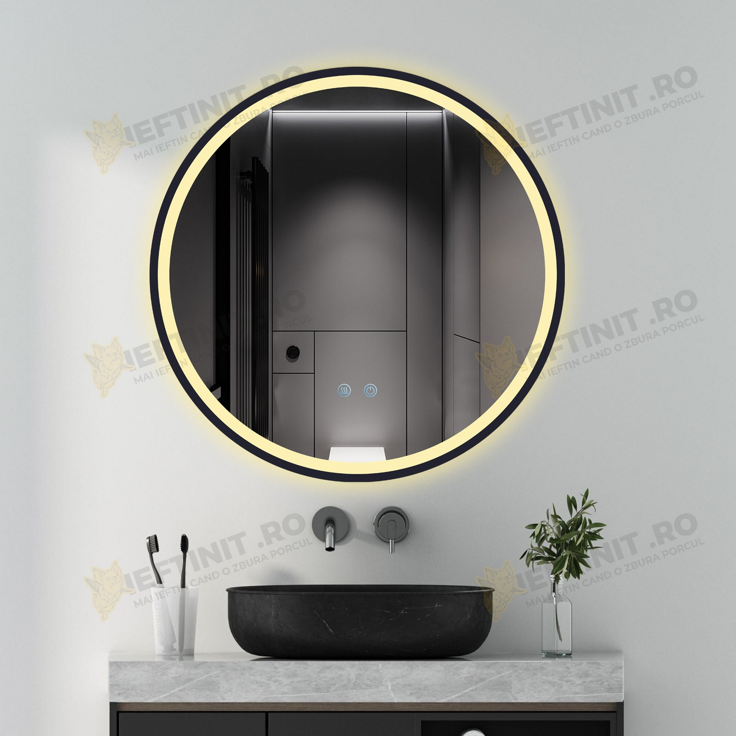 Oglinda LED Odin 60×60 cm Rotunda, Rama Negru Mat, Buton Touch 3 Tipuri de Lumina, Dimabila OD22021-6