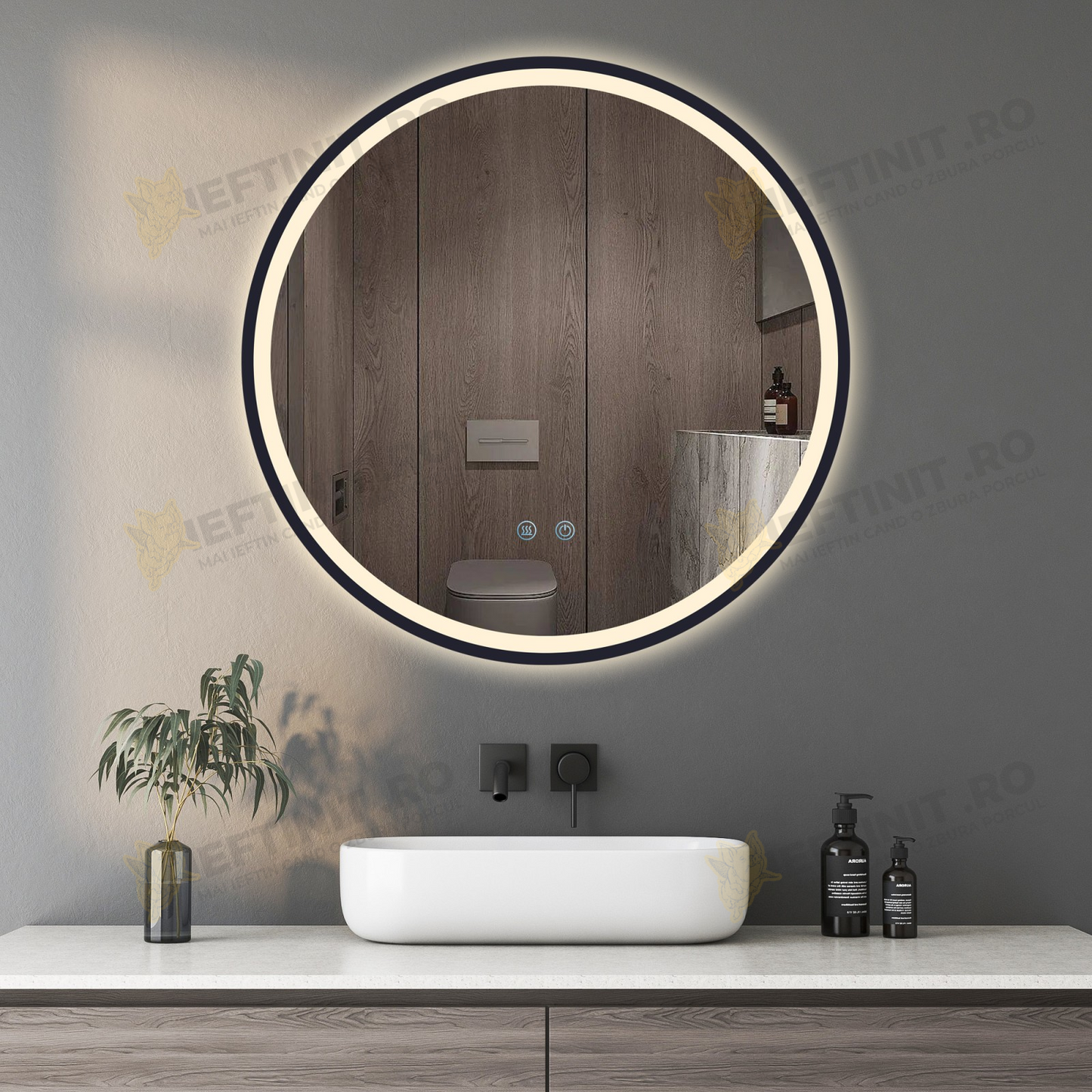 Oglinda LED Odin 60×60 cm Rotunda, Rama Negru Mat, Buton Touch 3 Tipuri de Lumina, Dimabila OD22021-6