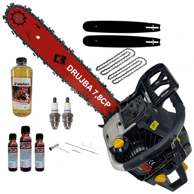 Pachet PROMO: Drujba pe benzina Campion 7,8CP + 2 lame + 2 lanturi + 2 bujii + 1 sticla ulei lant + 1 sticla ulei amestec
