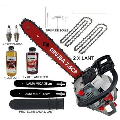 Pachet PROMO: Drujba pe benzina Campion Gray 7,5CP + 2 lame + 2 lanturi + 2 bujii + 1 sticla ulei lant + 1 sticla ulei amestec