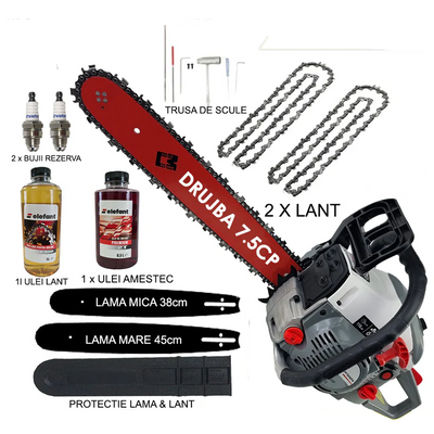Pachet PROMO: Drujba pe benzina Campion Gray 7,5CP + 2 lame + 2 lanturi + 2 bujii + 1 sticla ulei lant + 1 sticla ulei amestec