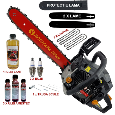 Pachet PROMO: Drujba pe benzina Motoyama Japan 8.5CP + 2 lame + 2 lanturi + 2 bujii + 1 sticla ulei lant + 1 sticla ulei amestec