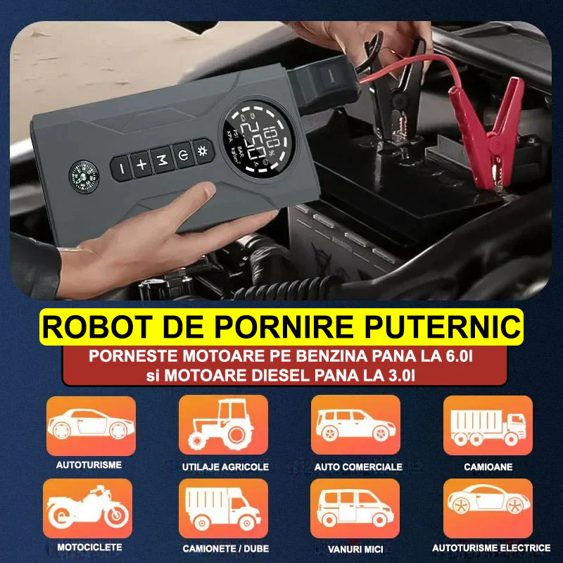 Unealta 4in1: Robot de pornire AUTO, compresor portabil, lanterna de avertizare si baterie externa