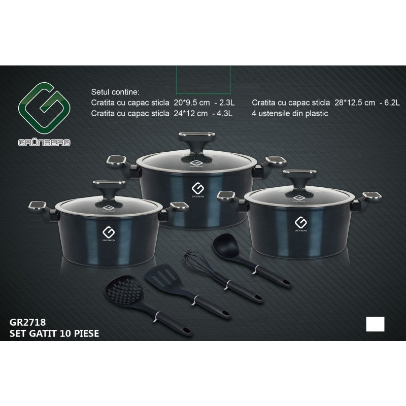 Set 10 piese: 3 vase din aluminiu, compatibile plita inductie, 3 capace sticla, 4 ustensile, Grunberg GR2718 (albastru)