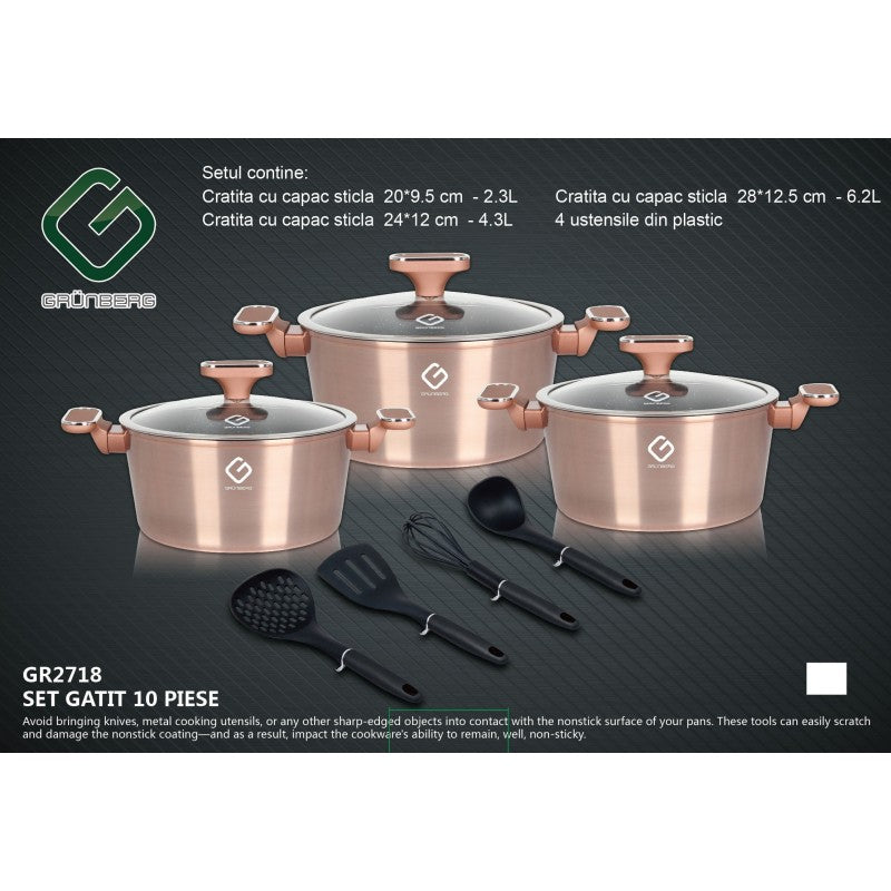Set 10 piese: 3 vase din aluminiu, compatibile plita inductie, 3 capace sticla, 4 ustensile, Grunberg GR2718 (auriu)
