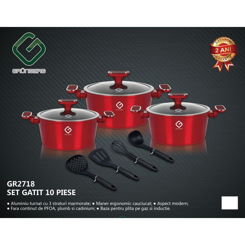 Set 10 piese: 3 vase din aluminiu, compatibile plita inductie, 3 capace sticla, 4 ustensile, Grunberg GR2718 (rosu)