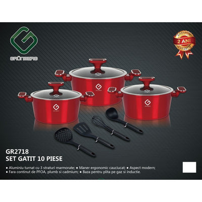 Set 10 piese: 3 vase din aluminiu, compatibile plita inductie, 3 capace sticla, 4 ustensile, Grunberg GR2718 (rosu)