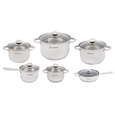 Set 12 piese , 6 vase din inox,compatibile cu plita cu inductie, cu capace din sticla, Grunberg GR15131