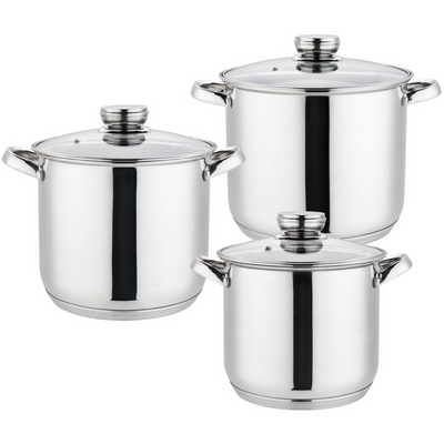 Set 6 piese: 3 vase din inox, compatibile cu plita cu inductie, cu capace din sticla, Grunberg GR1051