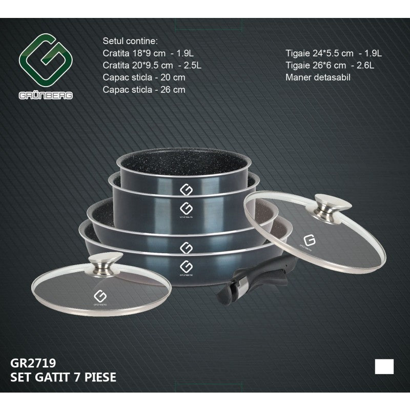 Set 7 piese: 4 vase din aluminiu, compatibile cu plita inductie, 2 capace sticla, 1 maner detasabil, Grunberg GR2719 (albastru)