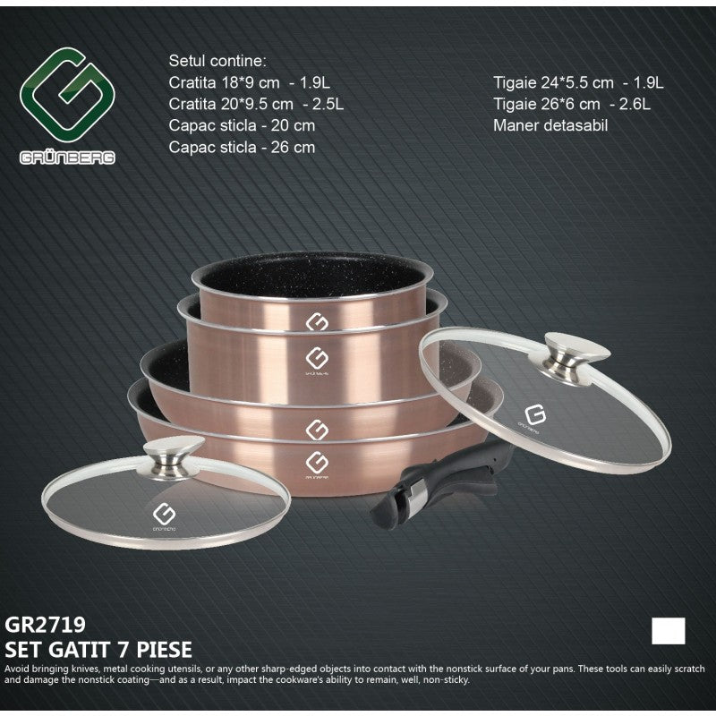 Set 7 piese: 4 vase din aluminiu, compatibile cu plita inductie, 2 capace sticla, 1 maner detasabil, Grunberg GR2719 (auriu)