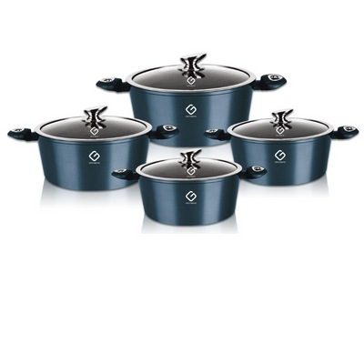Set 8 piese: 4 vase din aluminiu, compatibile cu plita cu inductie, cu capace din sticla, Grunberg GR2716 (albastru)
