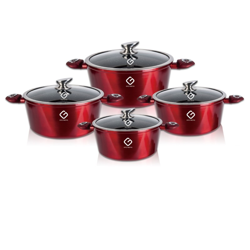Set 8 piese: 4 vase din aluminiu, compatibile cu plita cu inductie, cu capace din sticla, Grunberg GR2716 (rosu)