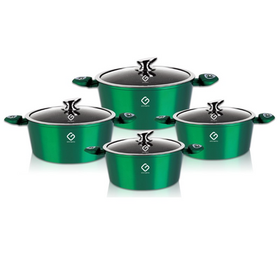 Set 8 piese: 4 vase din aluminiu, compatibile cu plita cu inductie, cu capace din sticla, Grunberg GR2716 (verde)