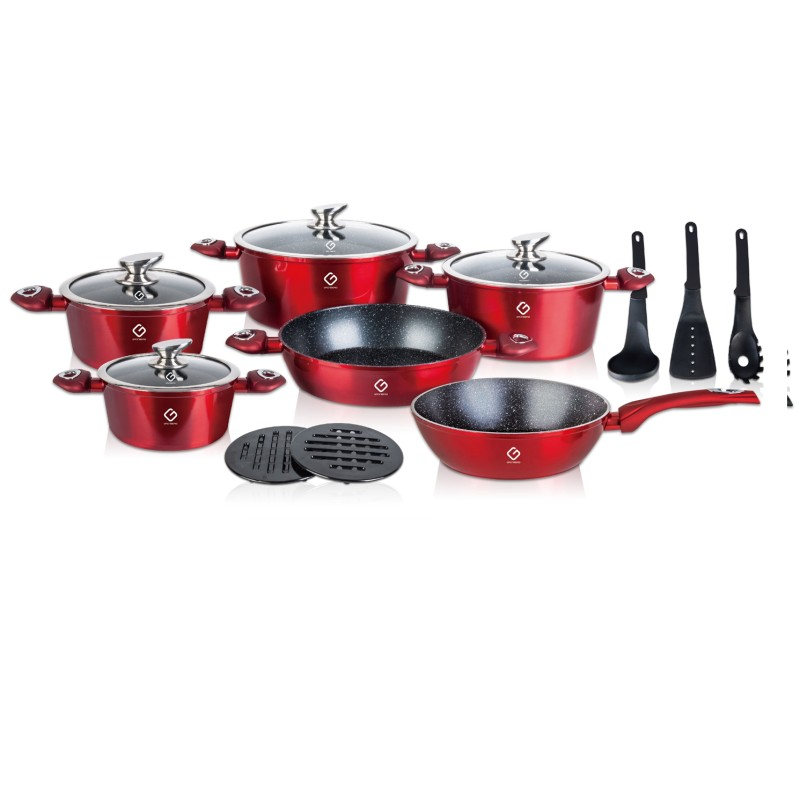 Set 15 piese: 6 vase din aluminiu, compatibile plita inductie, 4 capace sticla, 3 ustensile, 2 suport, Grunberg GR2715 (rosu)