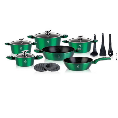 Set 15 piese: 6 vase din aluminiu, compatibile plita inductie, 4 capace sticla, 3 ustensile, 2 suport, Grunberg GR2715 (verde)
